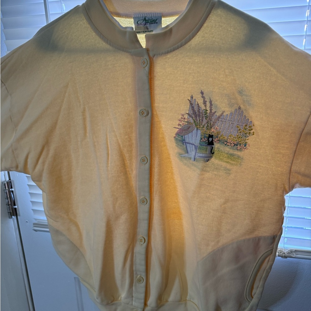 Yellow Button-Up Cardigan with Embroidered Design